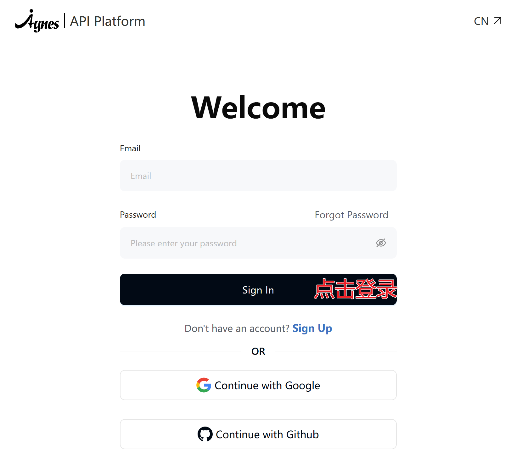Agnes 登录页中的邮箱、密码和 Sign In 按钮